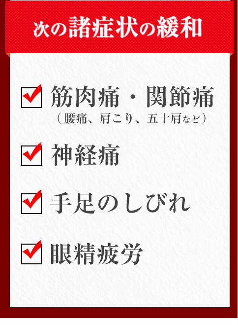 筋肉痛・関節痛、神経痛、手足のしびれ、眼精疲労