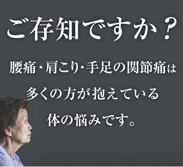 ご存知ですか？腰痛・肩こり・ひざ関節痛多くの方が抱えている体の悩みです。