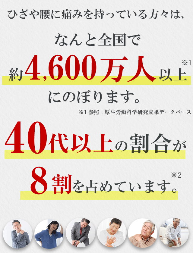 つらい腰痛・肩こり・ひざ関節痛に悩む方々は、なんと全国で3,000万人以上にのぼります。さらに40代以上の割合が8割超を占めています。